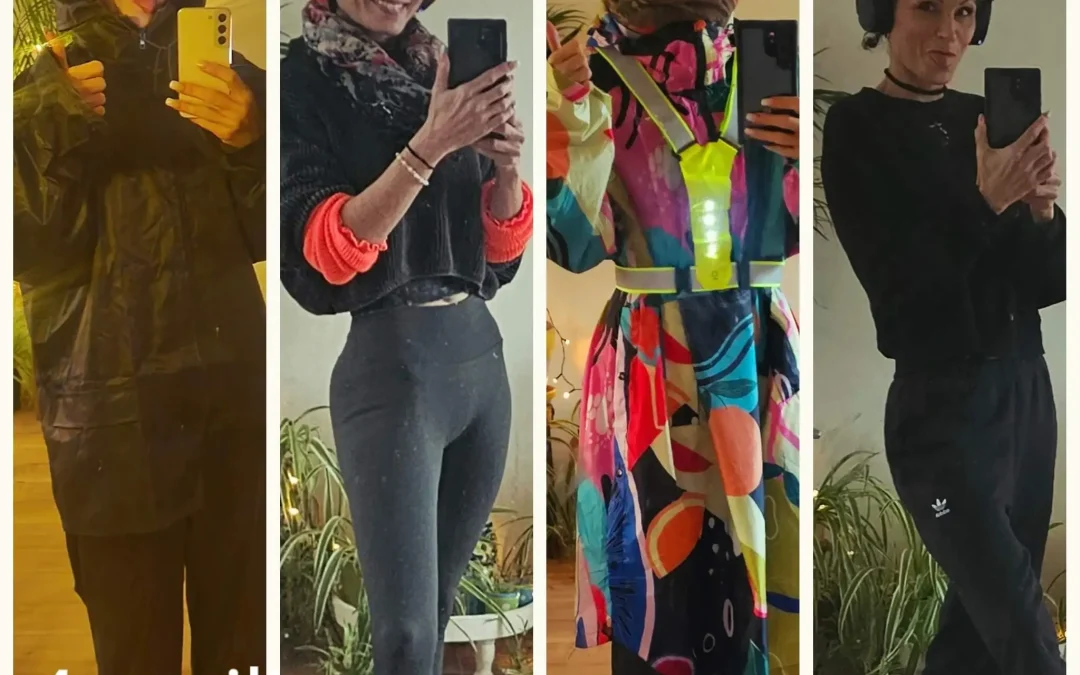 Vier foto's van een fitte, sportieve vrouw in verschillende wandeloutfits, verticaal naast elkaar geplaatst, symbool voor een gezonde levensstijl en dagelijks wandelen.